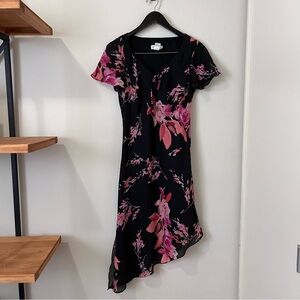 CDC Black Floral Midi Dress with Pink Accents